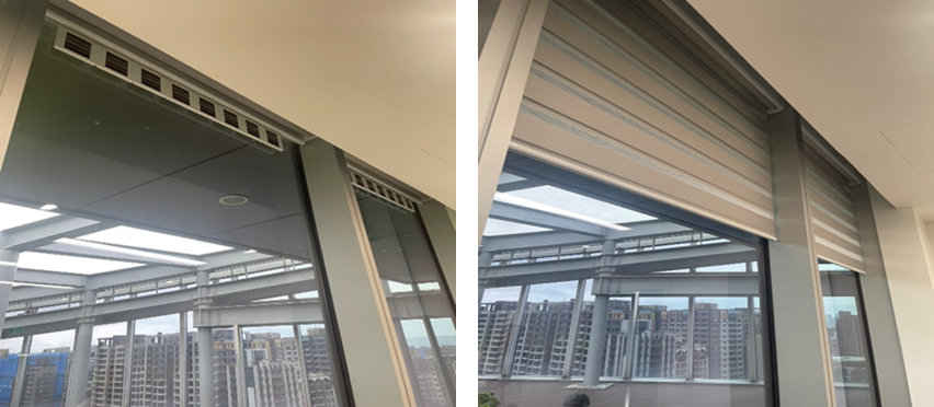 圖九、內湖大樓會議室裝設電動窗簾，由染敏電池吸收太陽能供電.png